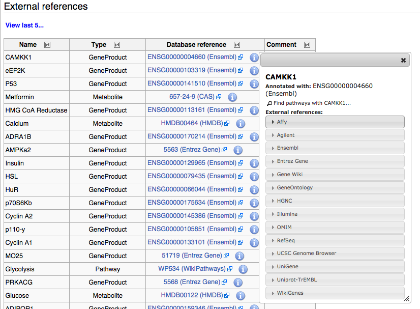 Click on the info icon in the external references table to see links to detailed information about the gene, protein or metabolite.